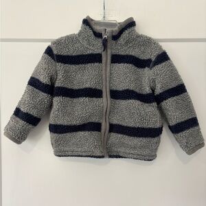 Mini Boden Grey and Navy Blue Striped Sherpa Zip Up Jacket